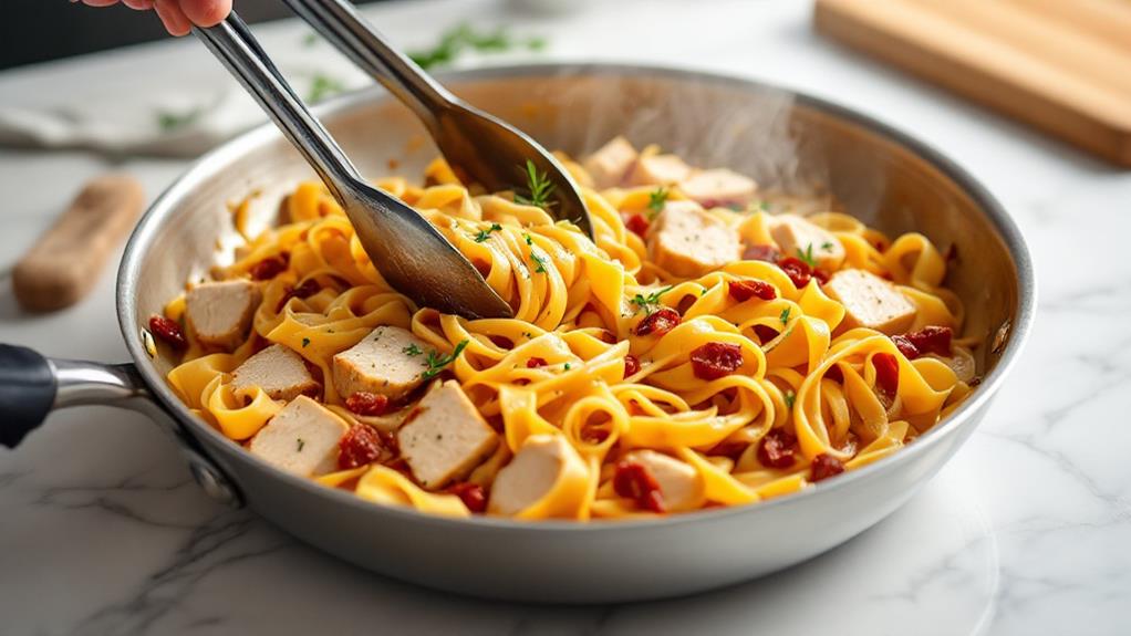 combine pasta with chicken